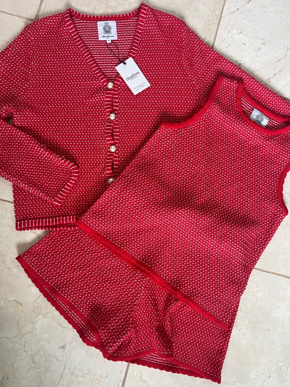 EllandEmm Red White Tweed Knit Set Diana Cardigan Tank Scalloped Shorts Medium M